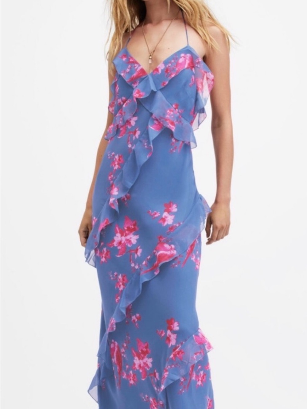 AllSaints Blue Pink Floral Ruffle Maxi Dress